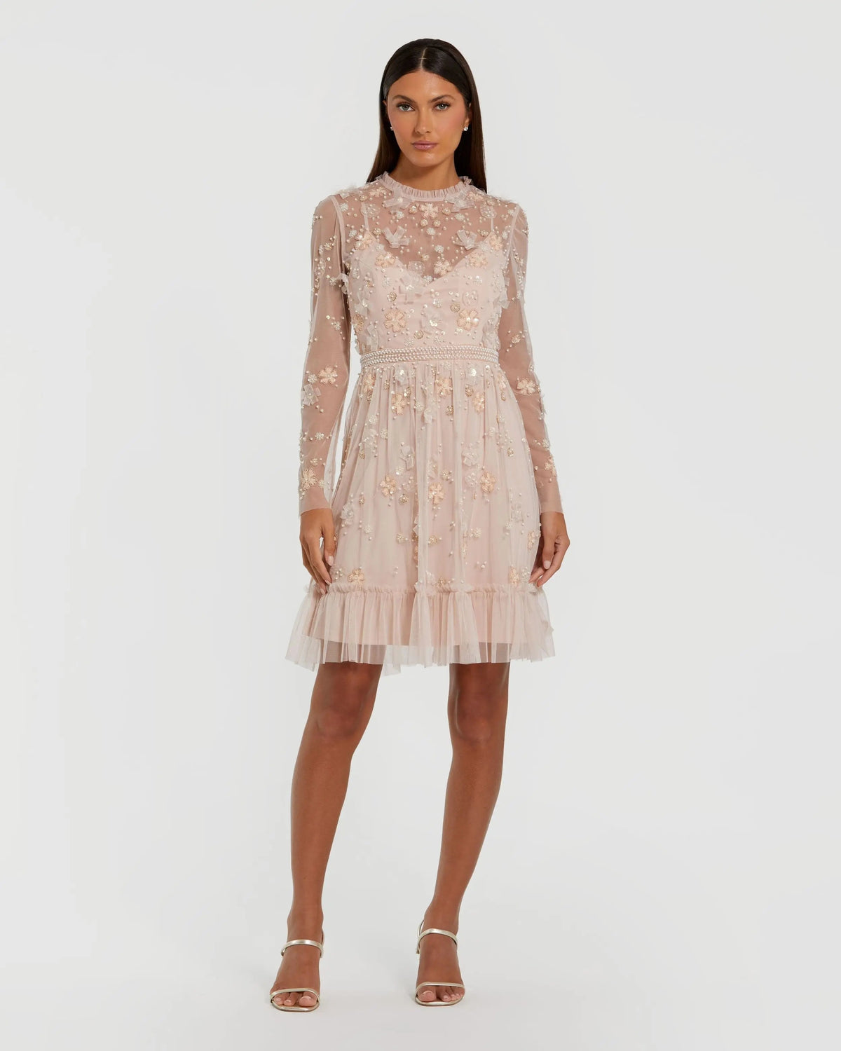 Blush Sheer Long Sleeve Embellished Mini Dress