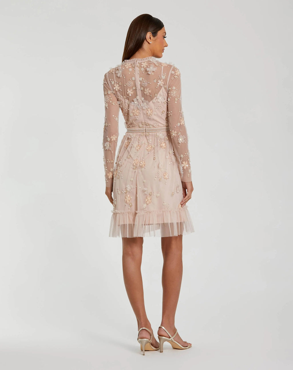 Blush Sheer Long Sleeve Embellished Mini Dress