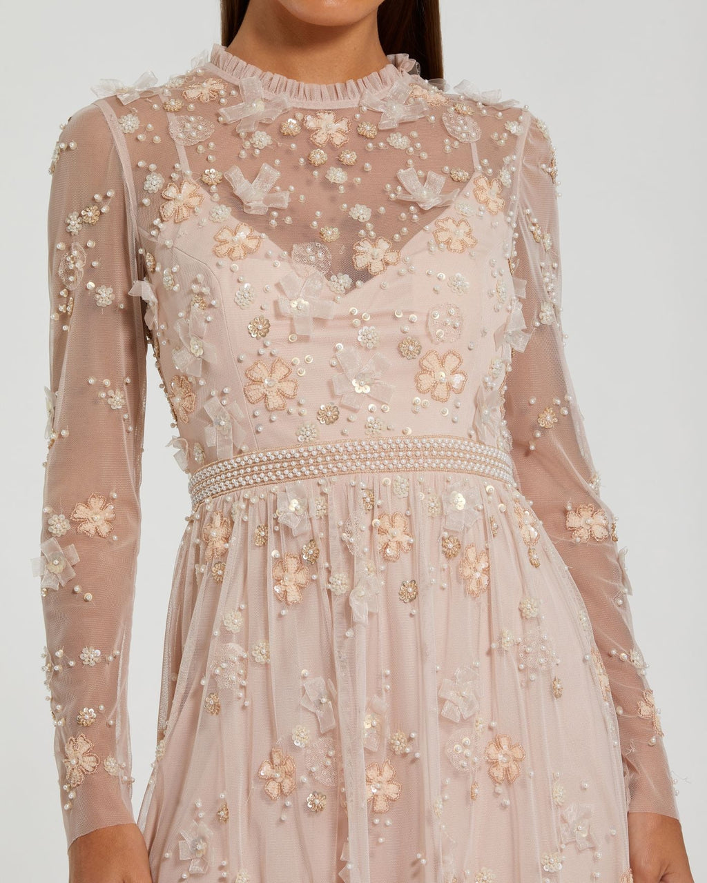 Blush Sheer Long Sleeve Embellished Mini Dress