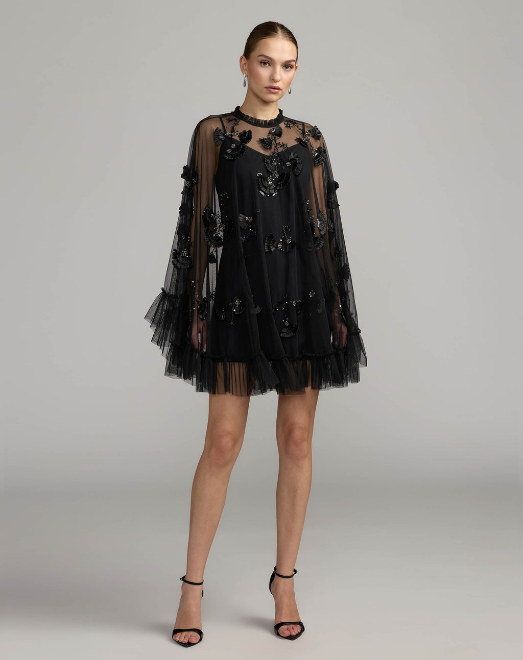 Black Embellished Long Sleeve Trapeze Dress with Ruffle Hem