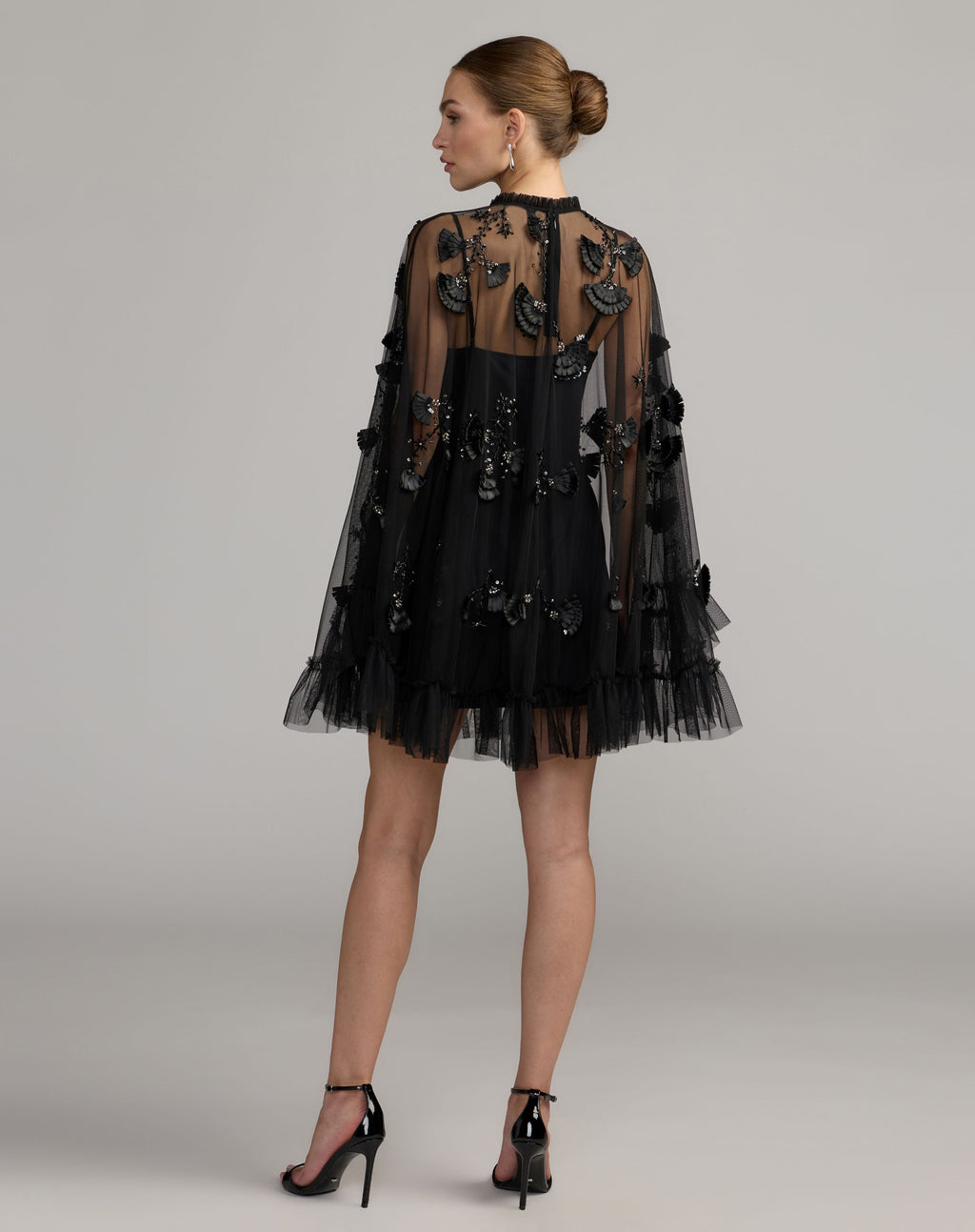 Black Embellished Long Sleeve Trapeze Dress with Ruffle Hem