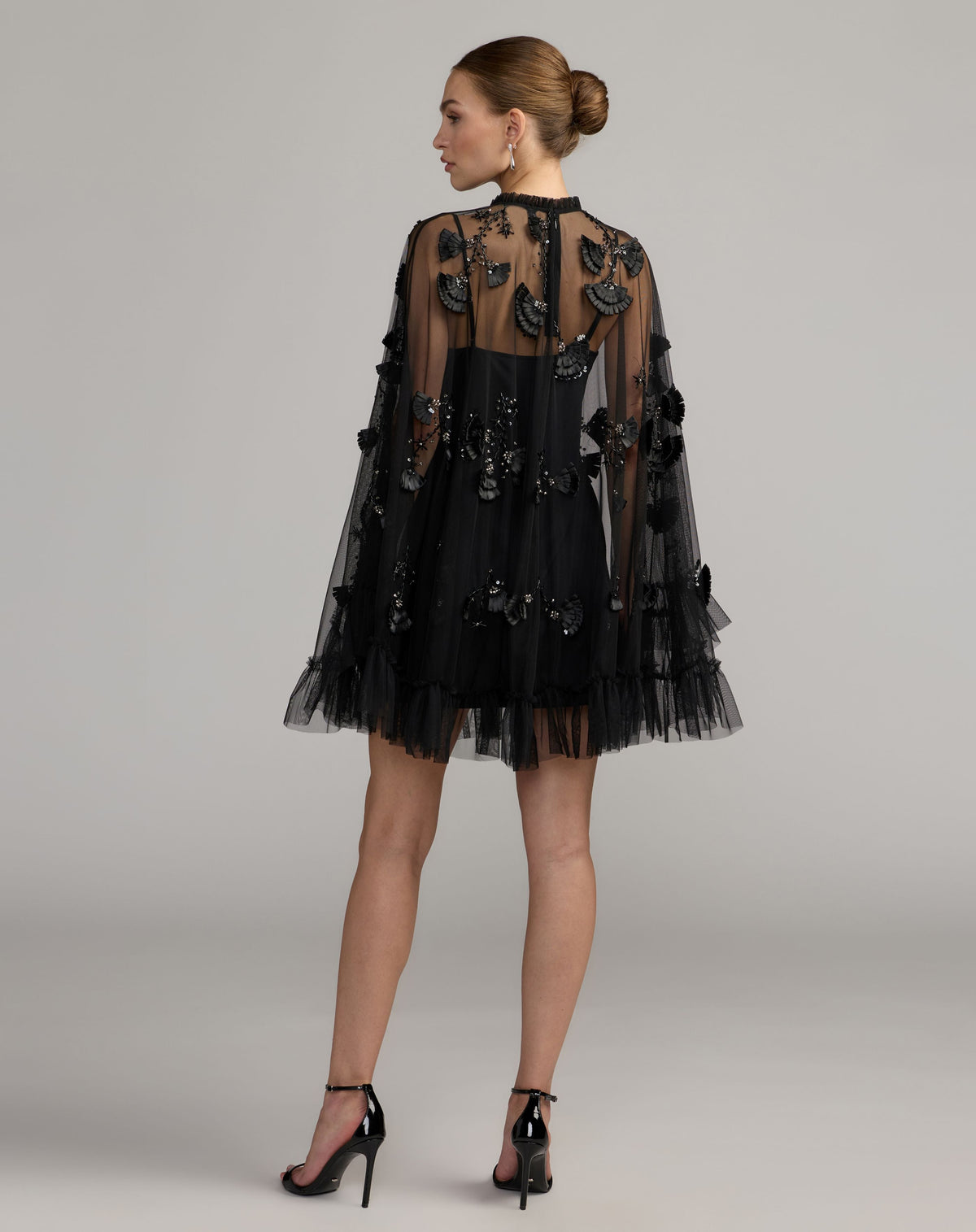 Black Embellished Long Sleeve Trapeze Dress with Ruffle Hem