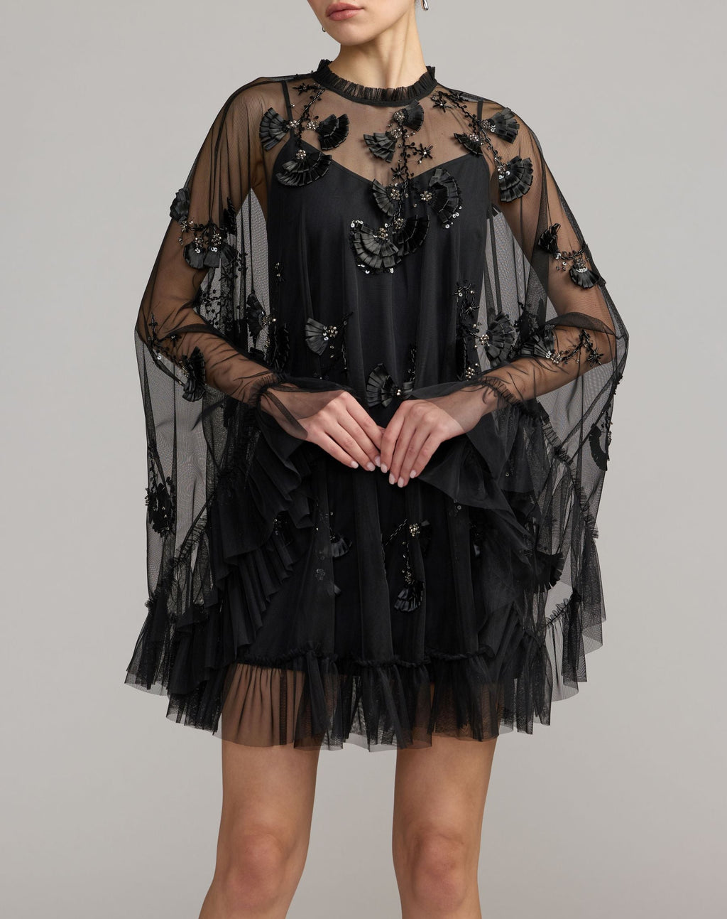 Black Embellished Long Sleeve Trapeze Dress with Ruffle Hem