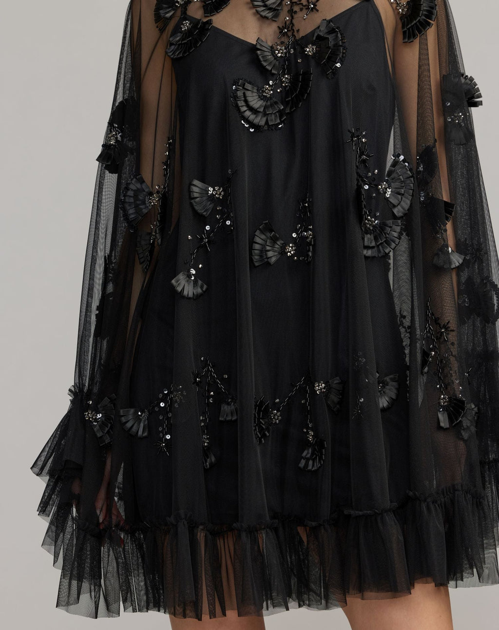 Black Embellished Long Sleeve Trapeze Dress with Ruffle Hem