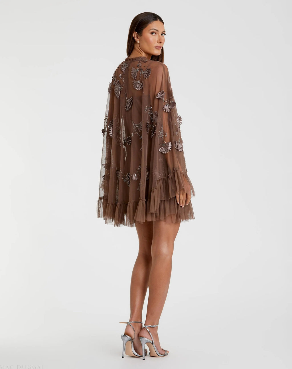 Brown Embellished Long Sleeve Trapeze Dress with Ruffle Hem