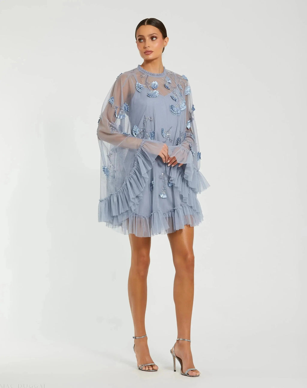 Blue Embellished Long Sleeve Trapeze Dress with Ruffle Hem