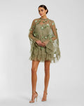 Sage Embellished Long Sleeve Trapeze Dress with Ruffle Hem