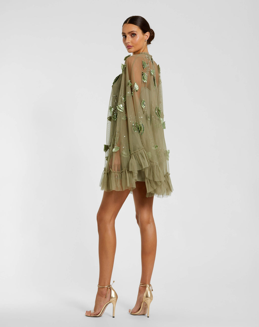 Sage Embellished Long Sleeve Trapeze Dress with Ruffle Hem