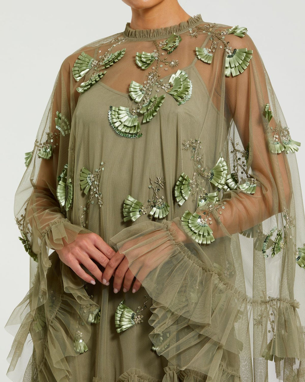 Sage Embellished Long Sleeve Trapeze Dress with Ruffle Hem