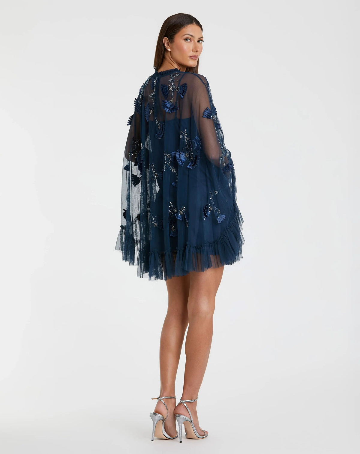 Navy Embellished Long Sleeve Trapeze Dress with Ruffle Hem