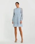 Blue Floral Long Sleeve Micro Ruffle Mini Dress