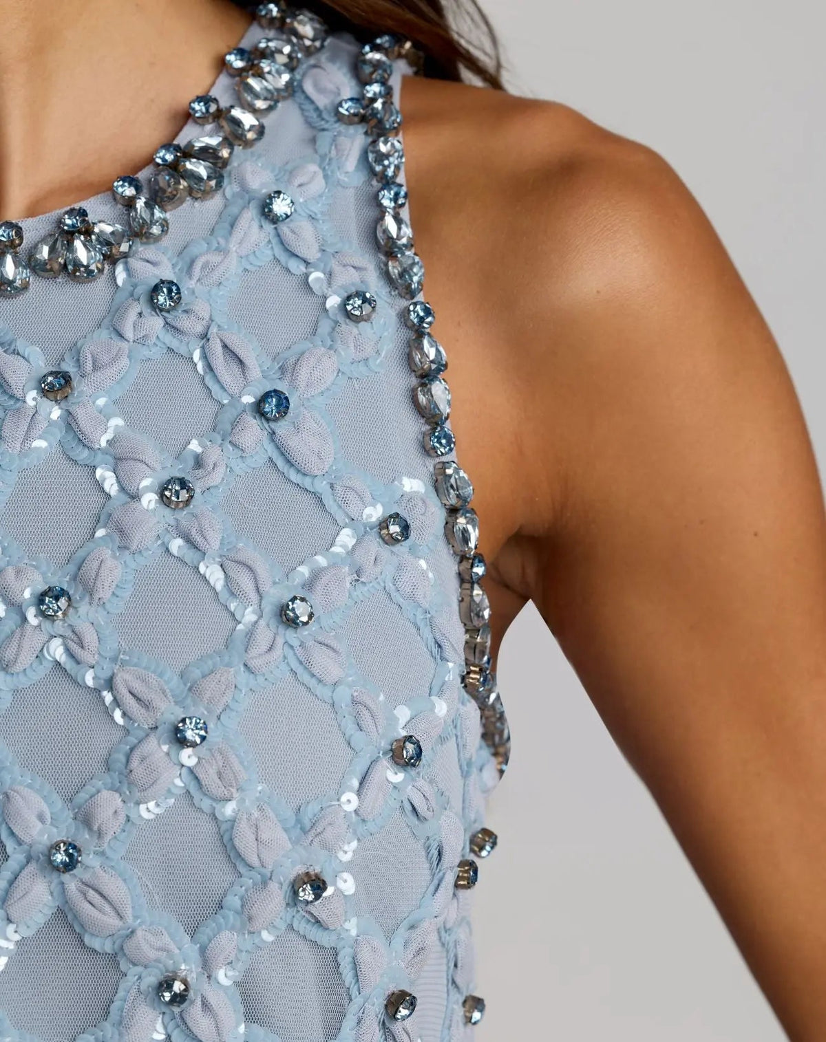 Powder Blue Rhinestone Embellished Sleeveless Mini Dress
