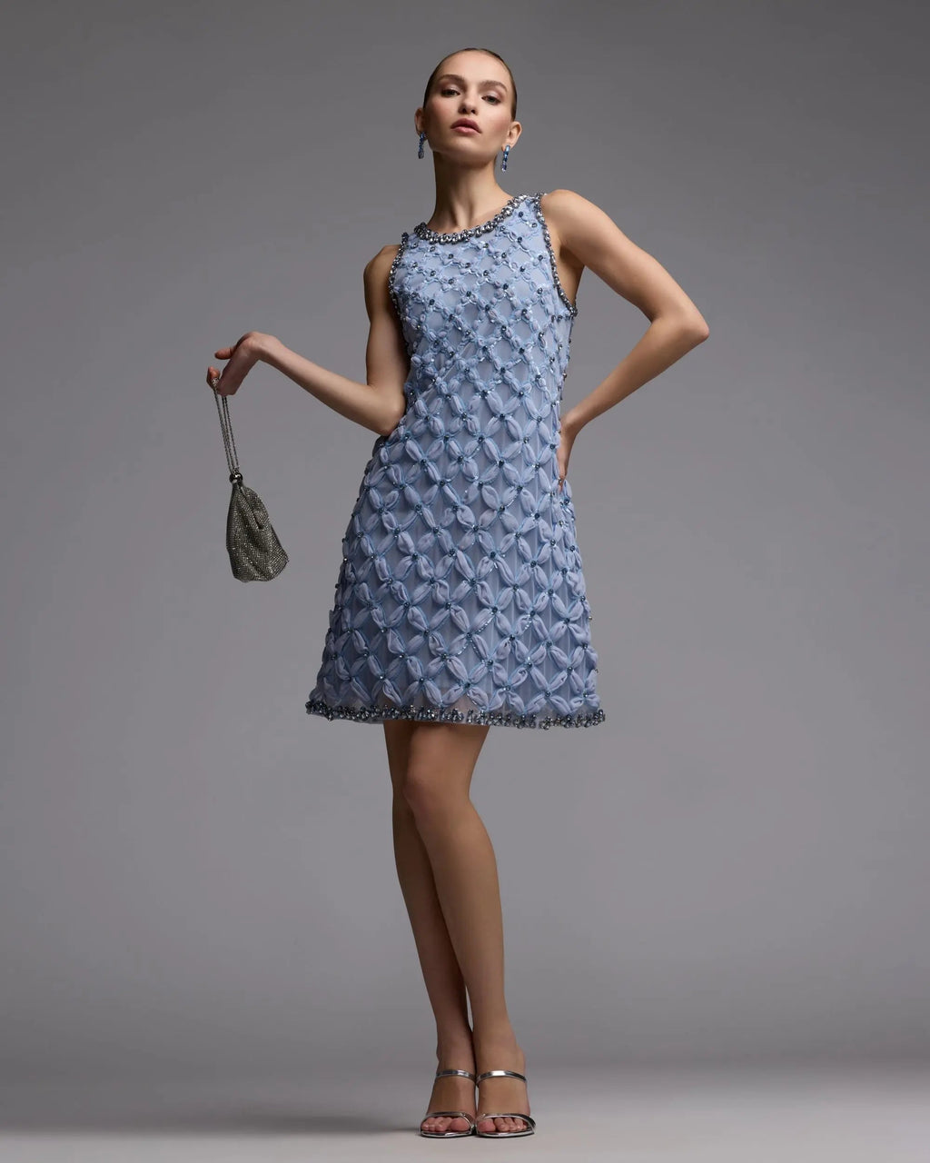 Powder Blue Rhinestone Embellished Sleeveless Mini Dress