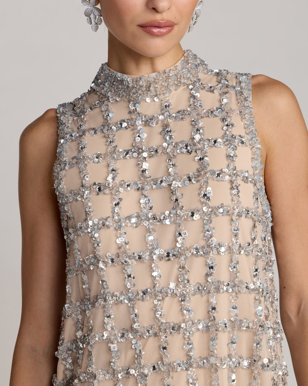 Silver Nude Crystal Embellished Shift Dress
