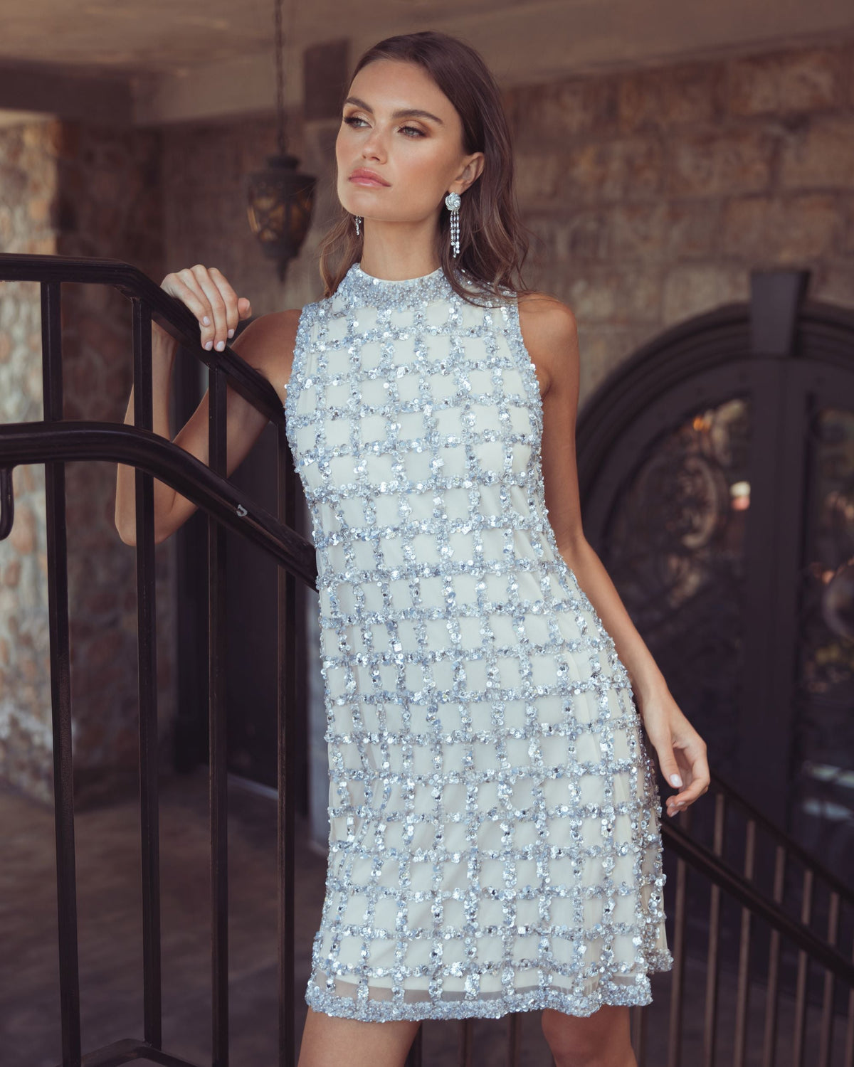 Silver Nude Crystal Embellished Shift Dress