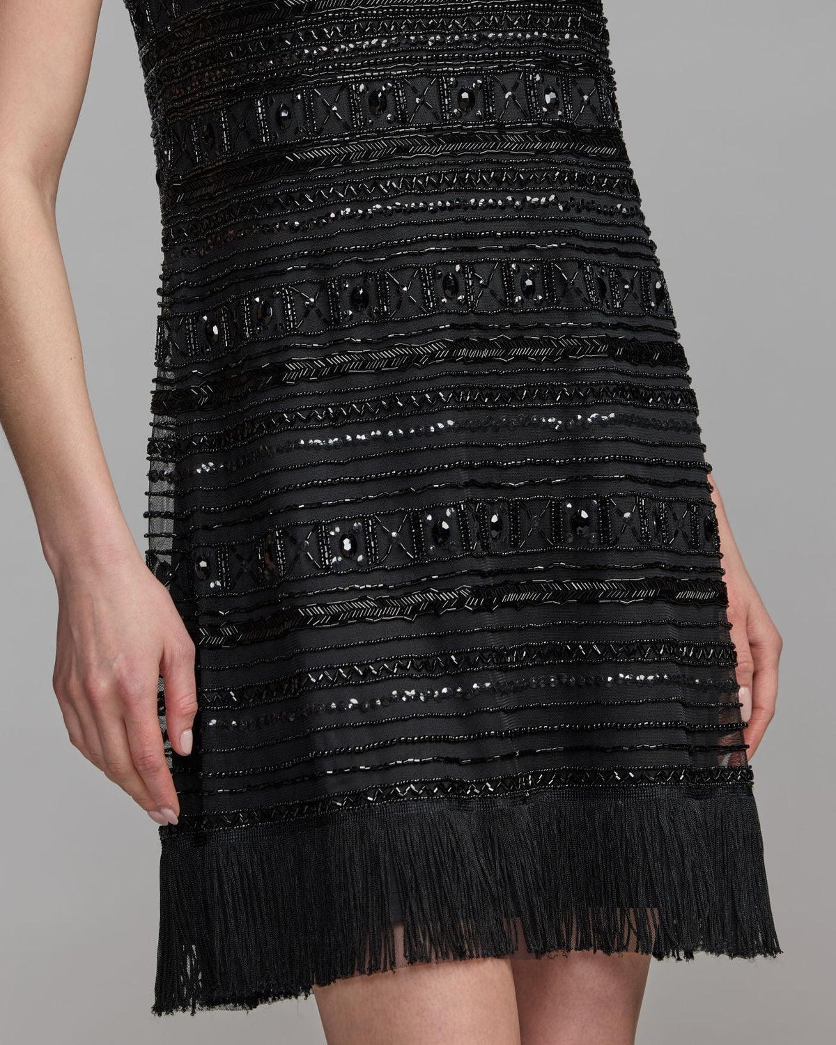Black Geometric Beaded Fringe Mini Dress