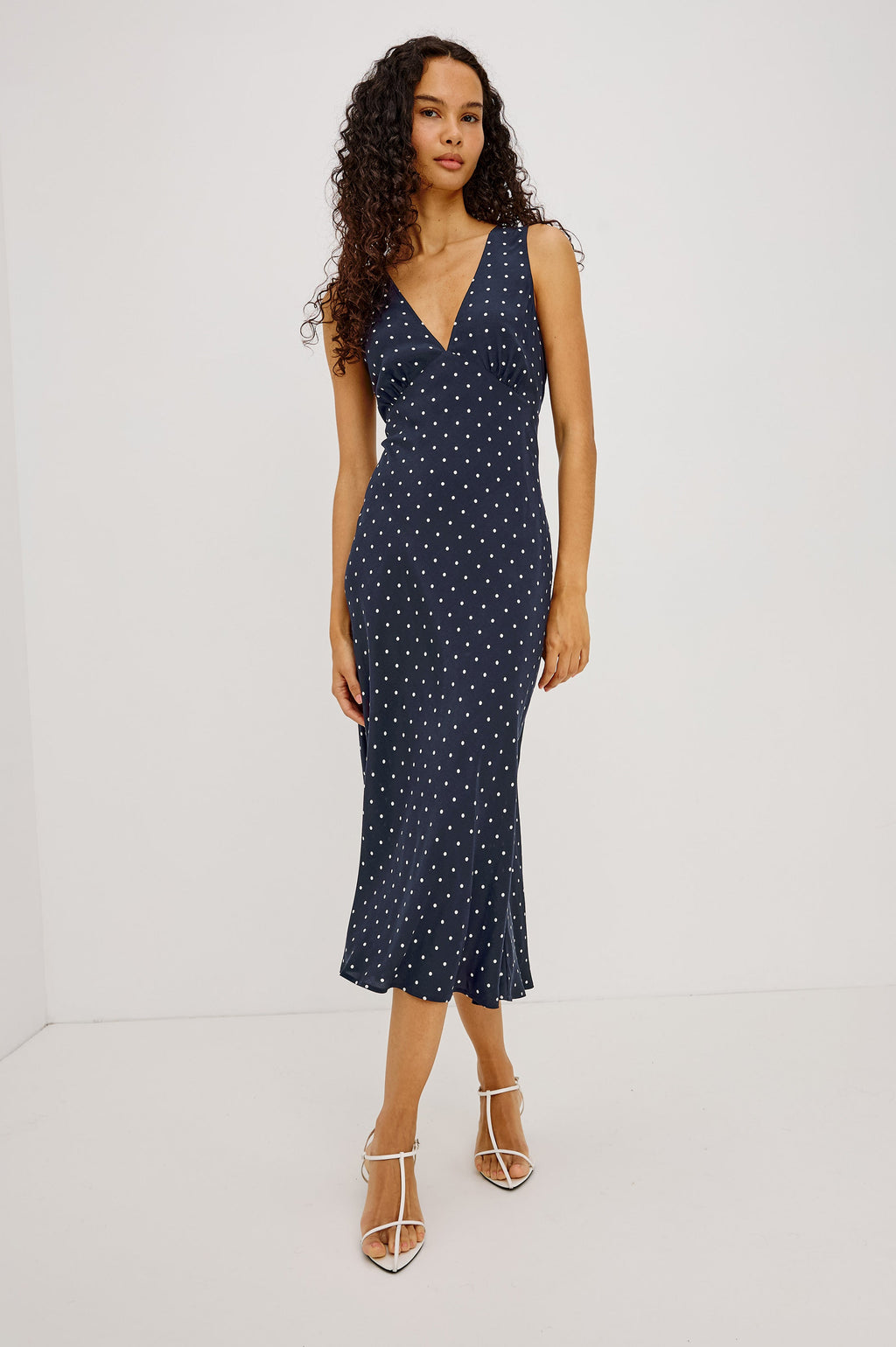 Audrina Dress - Navy Polka Dots