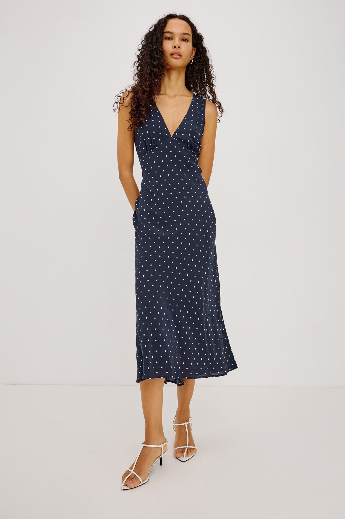 Audrina Dress - Navy Polka Dots