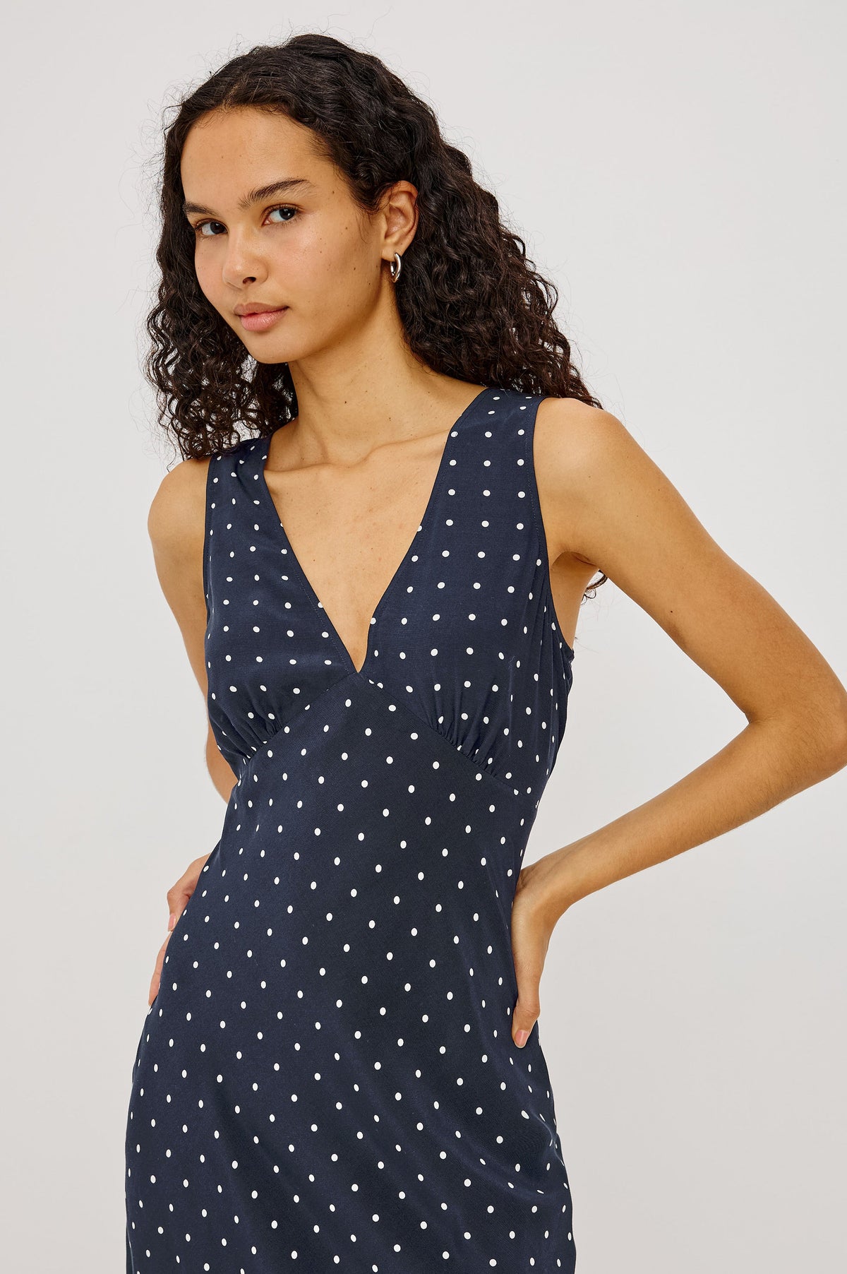 Audrina Dress - Navy Polka Dots