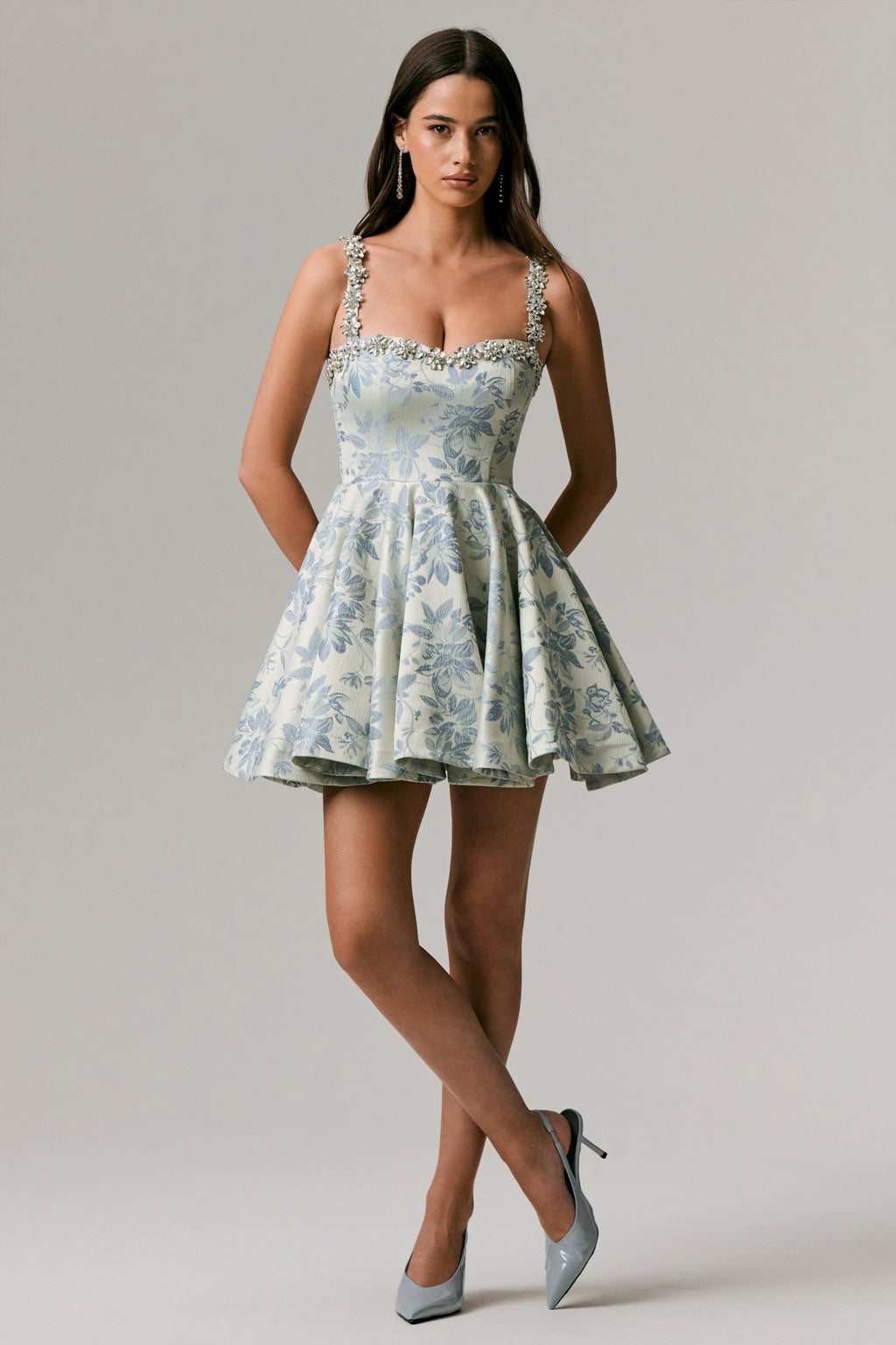 Seashell | Light Blue Jacquard Embellished Sweetheart-Neck Skater Mini Dress