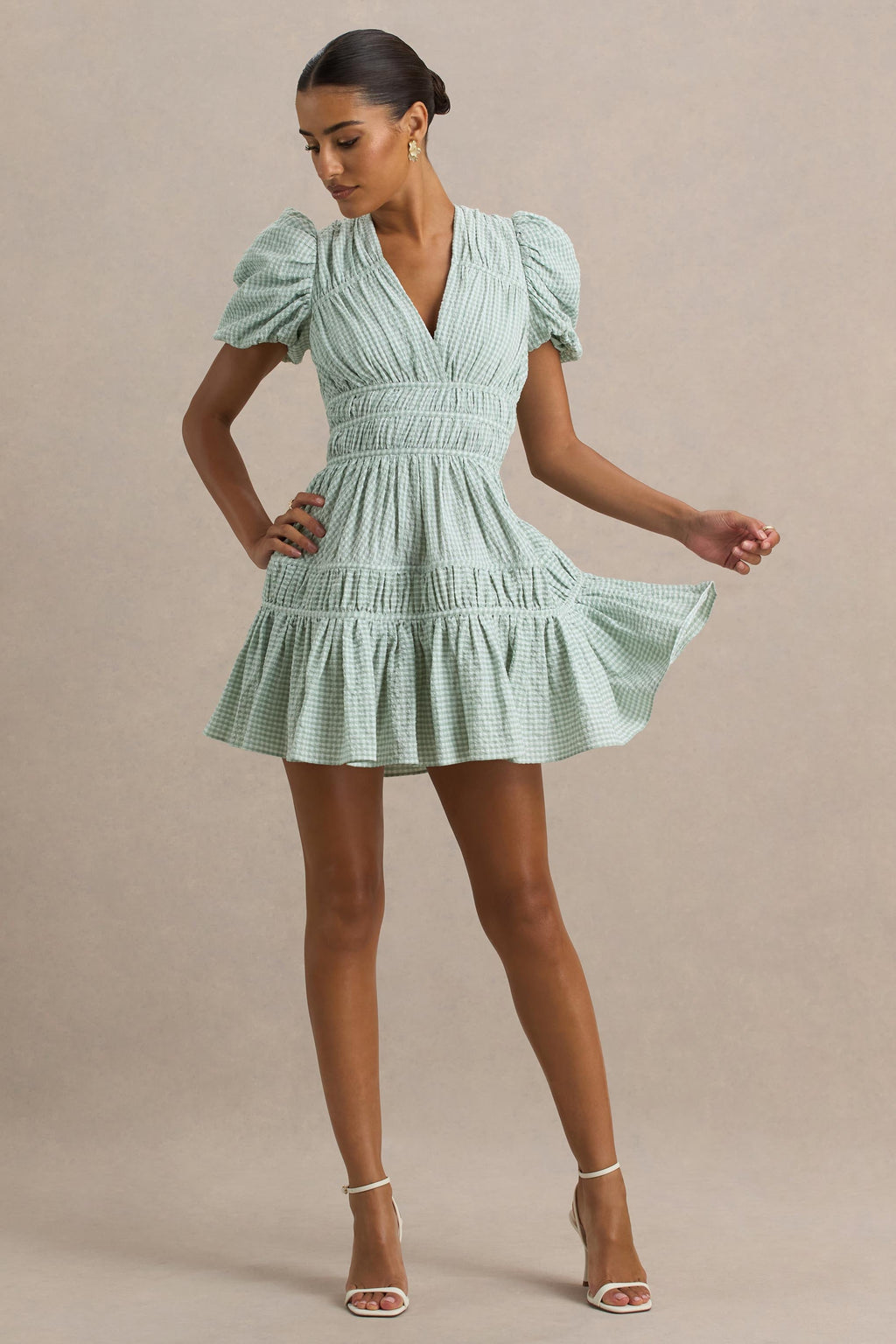 Laurelle | Green Extreme Plunge-Neck Mini Dress With Ruffling Detail