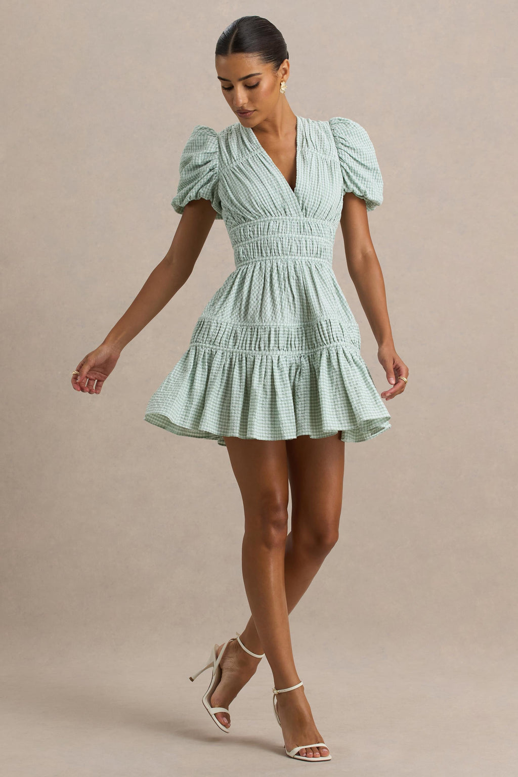 Laurelle | Green Extreme Plunge-Neck Mini Dress With Ruffling Detail
