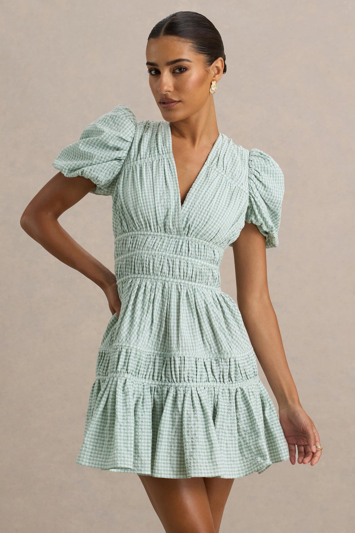 Laurelle | Green Extreme Plunge-Neck Mini Dress With Ruffling Detail