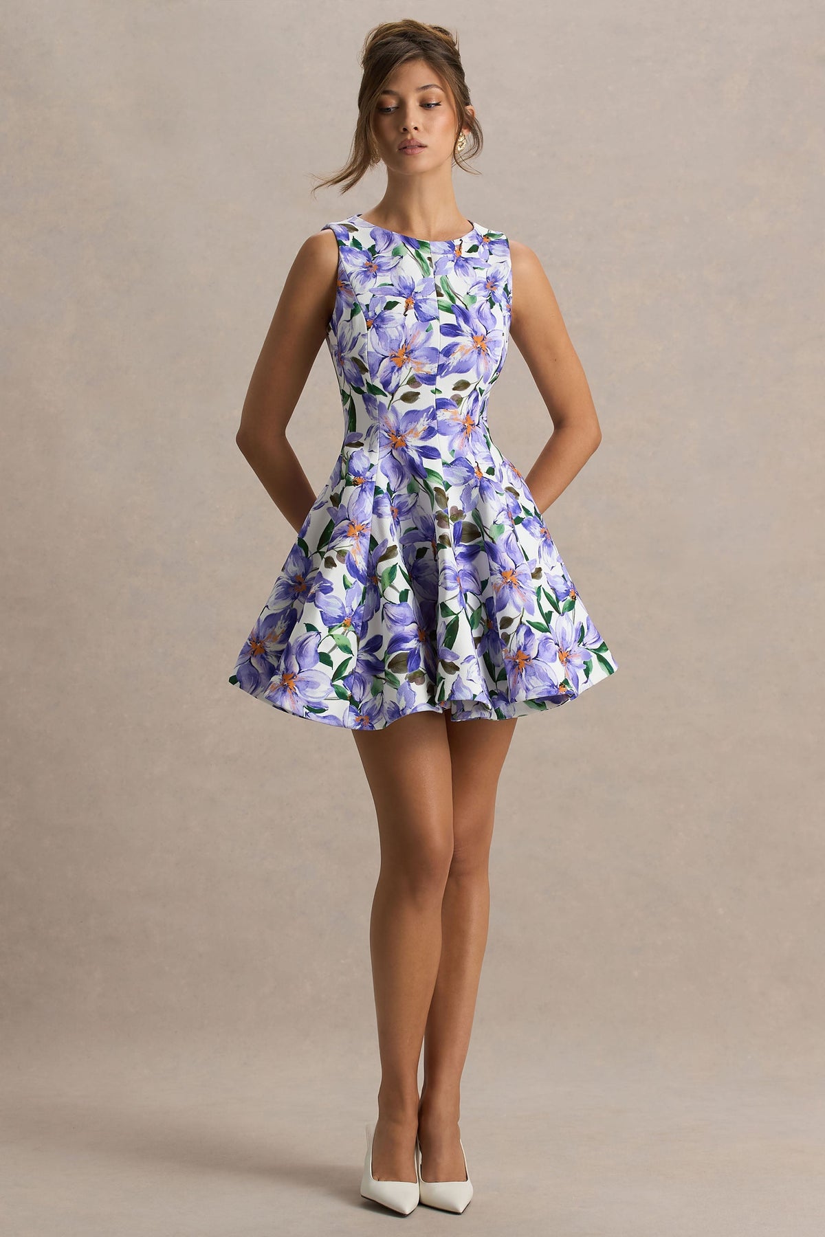 Gabrielle | Purple Lily Print Boat-Neck Skater Mini Dress