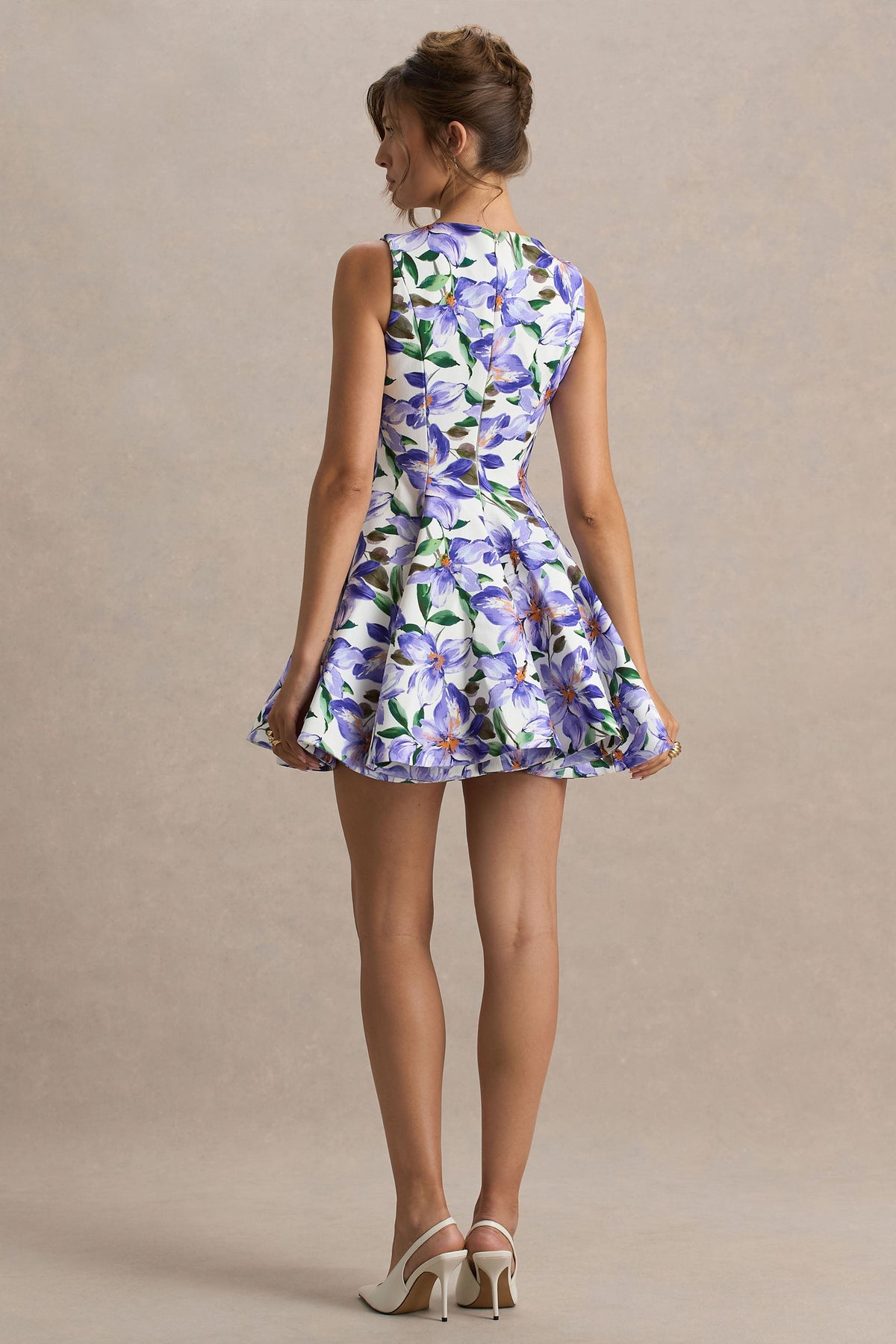 Gabrielle | Purple Lily Print Boat-Neck Skater Mini Dress