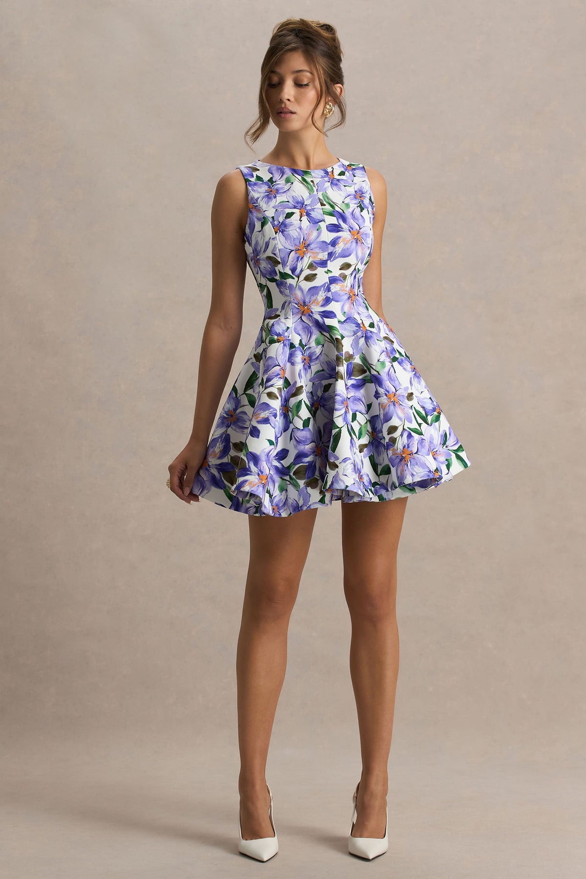 Gabrielle | Purple Lily Print Boat-Neck Skater Mini Dress