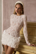 Cecilia | White Lace Embellished Round Neck Long Sleeve Mini Dress With Ruffled Detailing
