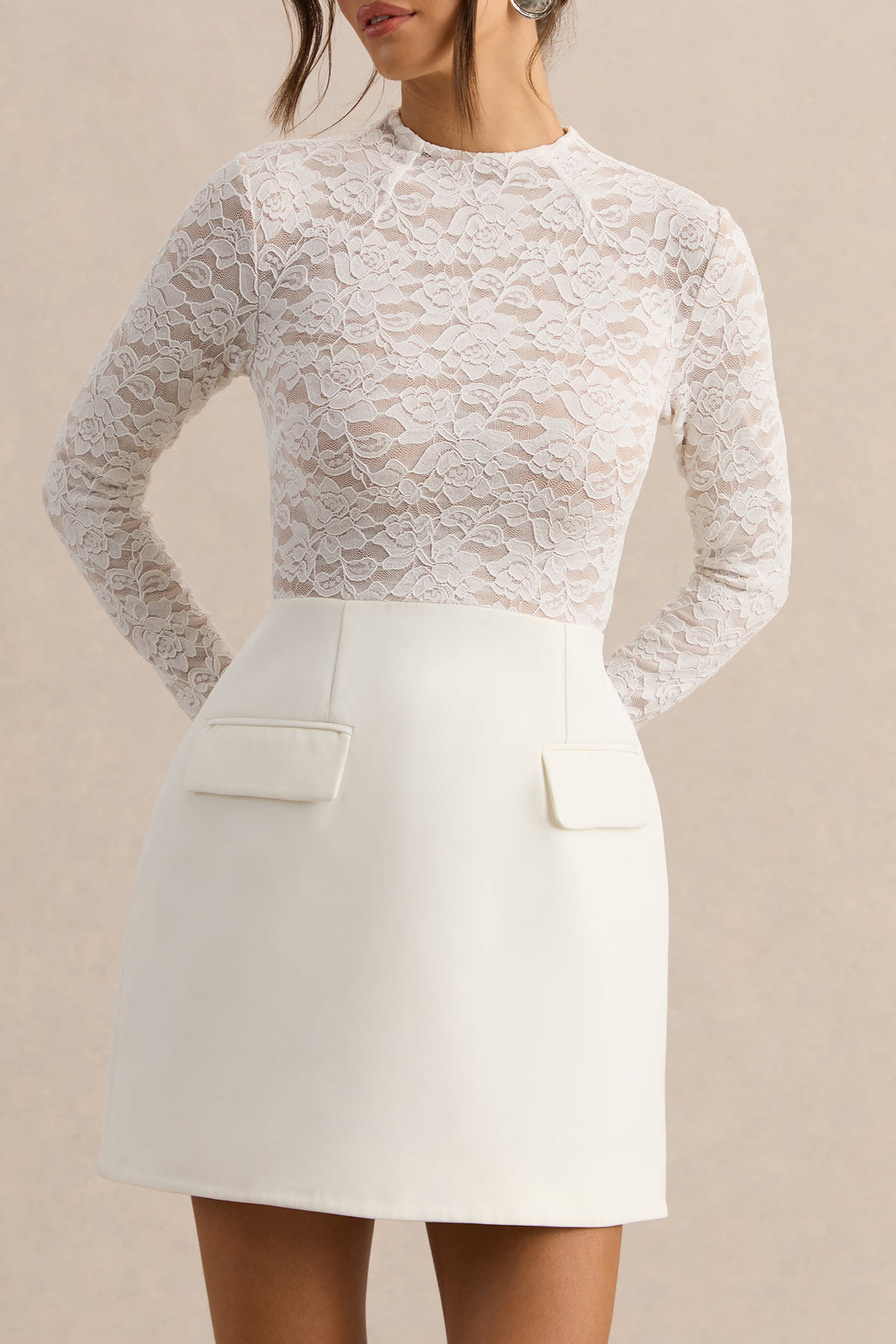 Mysteria | White Lace Round Neck Long Sleeve Mini Dress With Pocket Detailing