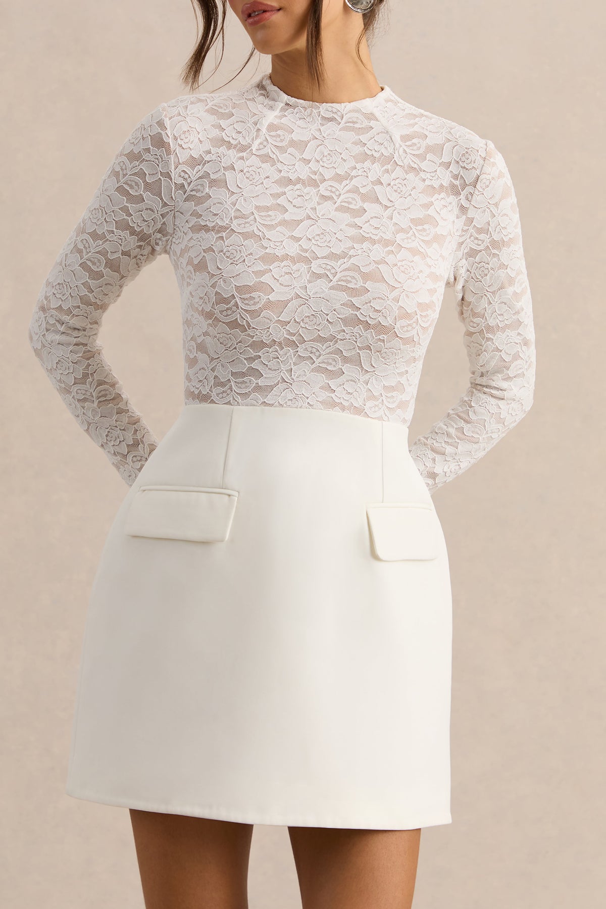 Mysteria | White Lace Round Neck Long Sleeve Mini Dress With Pocket Detailing