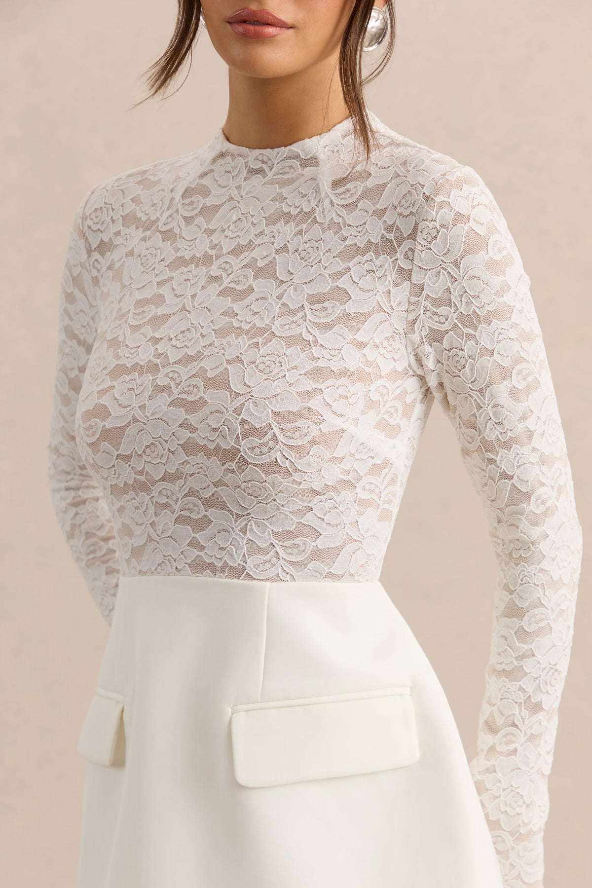 Mysteria | White Lace Round Neck Long Sleeve Mini Dress With Pocket Detailing