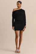 Inoria | Black Ruched One Shoulder Long Sleeve Mini Dress With Draped Detailing