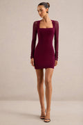 Alisse | Burgundy Jersey Square Neck Mini Dress With Sheer Mesh Sleeves