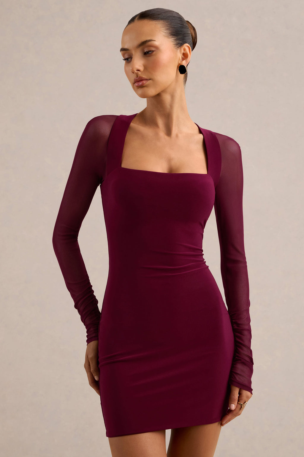 Alisse | Burgundy Jersey Square Neck Mini Dress With Sheer Mesh Sleeves