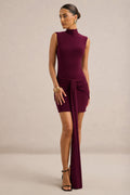 Alysia | Burgundy Jersey High Neck Mini Dress With Ruching And Sash