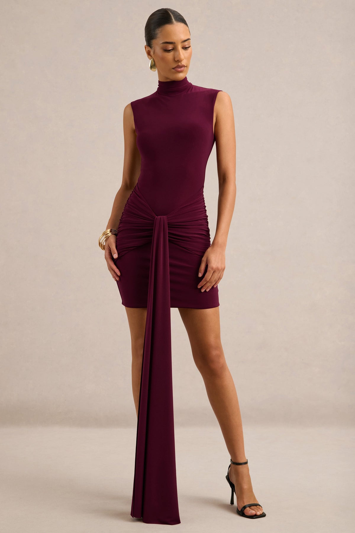 Alysia | Burgundy Jersey High Neck Mini Dress With Ruching And Sash