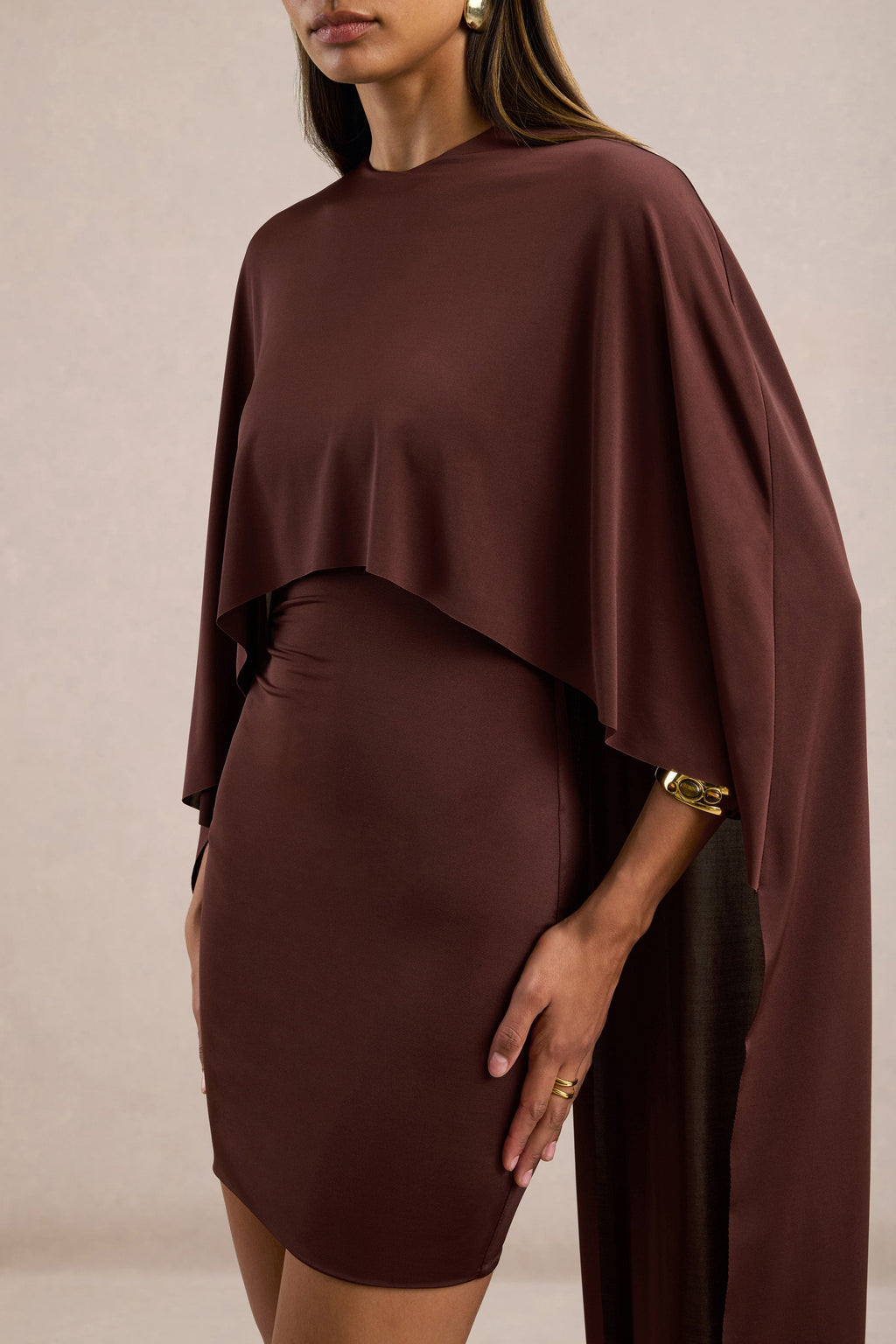 Lilura | Brown Jersey Round Neck Long Sleeve Mini Dress With Cape