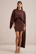 Lilura | Brown Jersey Round Neck Long Sleeve Mini Dress With Cape
