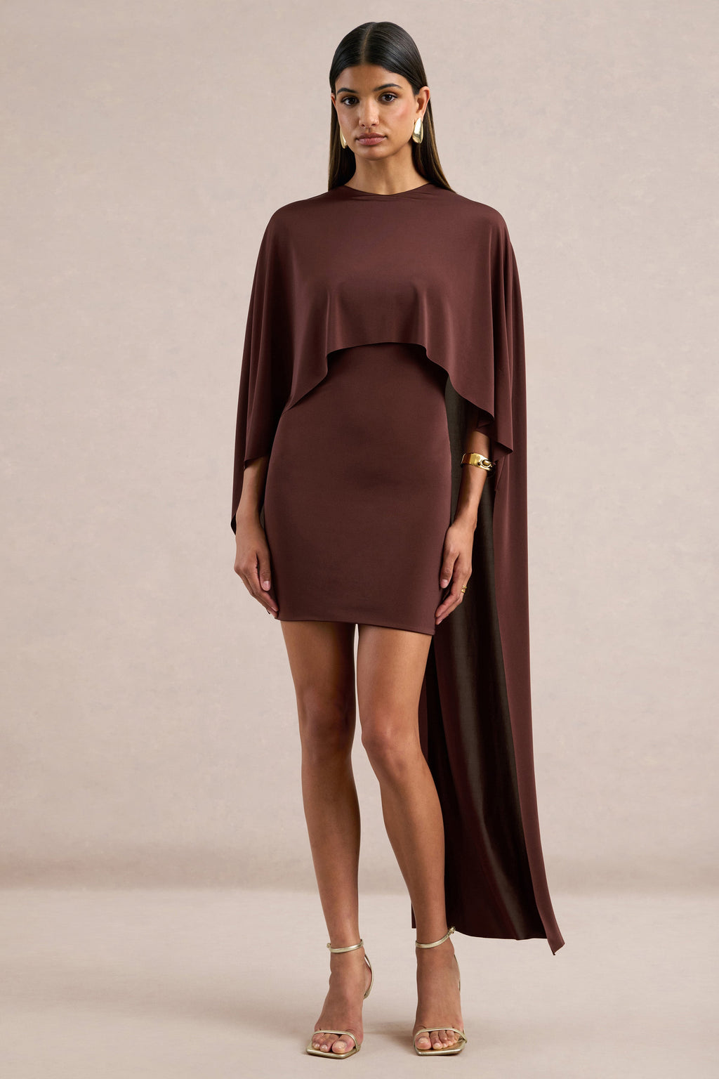 Lilura | Brown Jersey Round Neck Long Sleeve Mini Dress With Cape