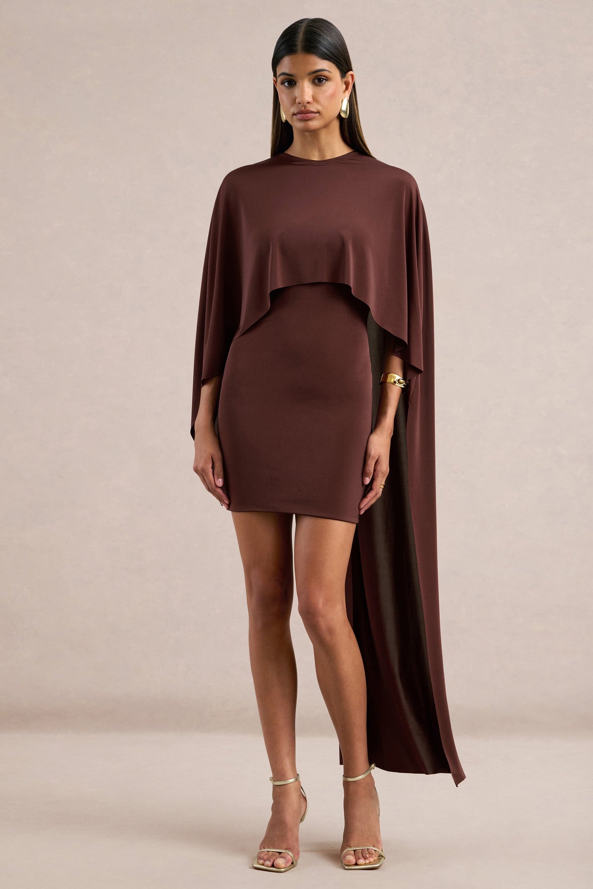 Lilura | Brown Jersey Round Neck Long Sleeve Mini Dress With Cape