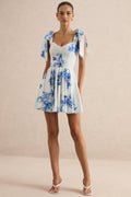 Ismeray | Blue Floral Print Sweetheart-Neck Skater Mini Dress