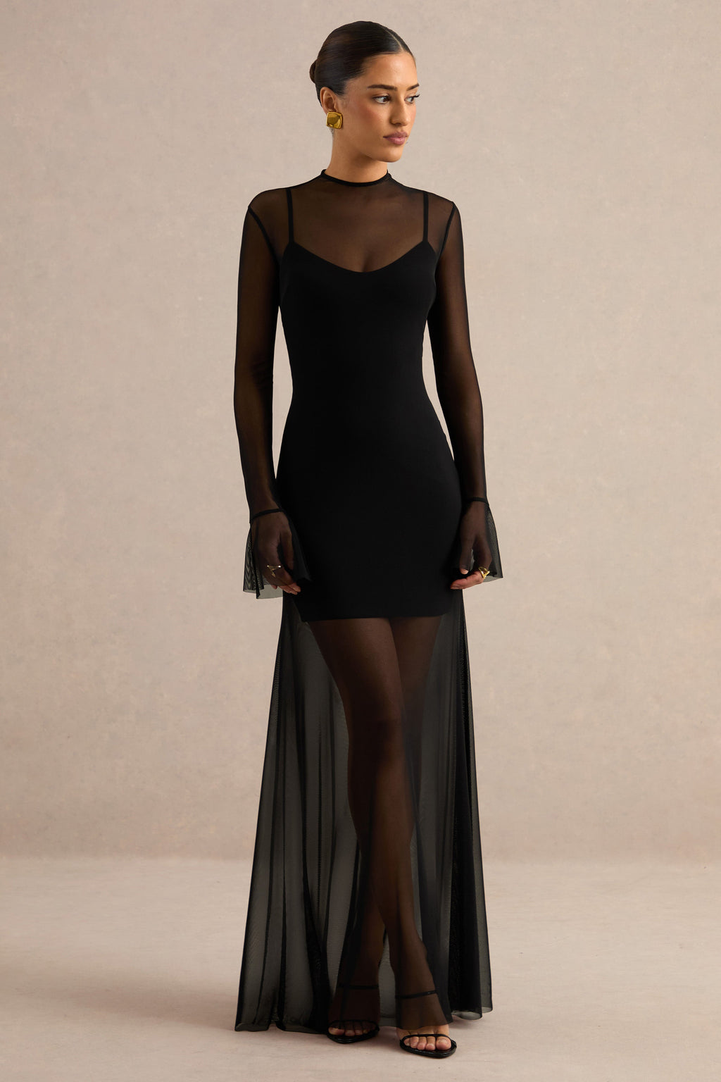 Florisa | Black Sheer Mesh Round Neck Long Sleeve Maxi Dress With Jersey Mini Dress