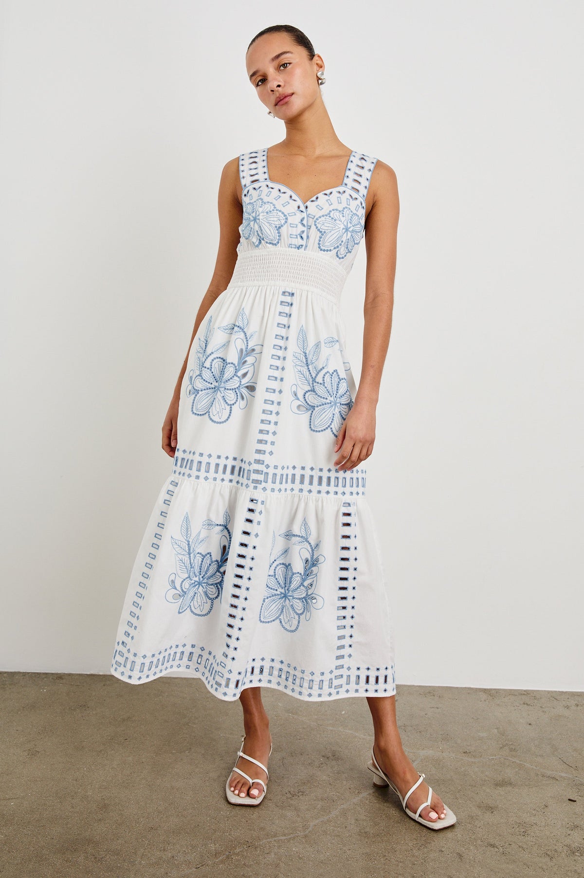 Fawn Dress - White Blue Embroidery