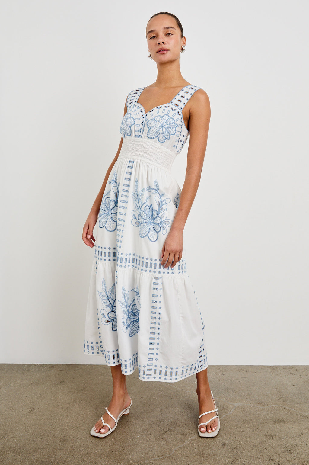 Fawn Dress - White Blue Embroidery