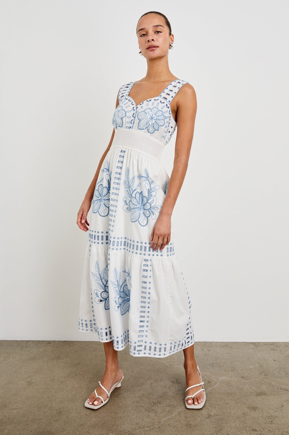 Fawn Dress - White Blue Embroidery