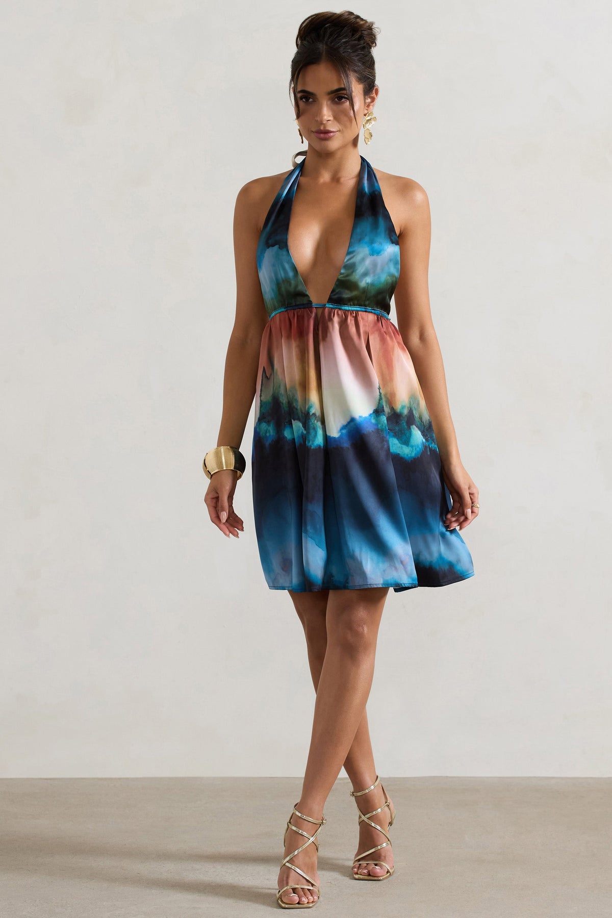 Naxos | Multi Blur Print Plunge-Neck Babydoll Mini Dress