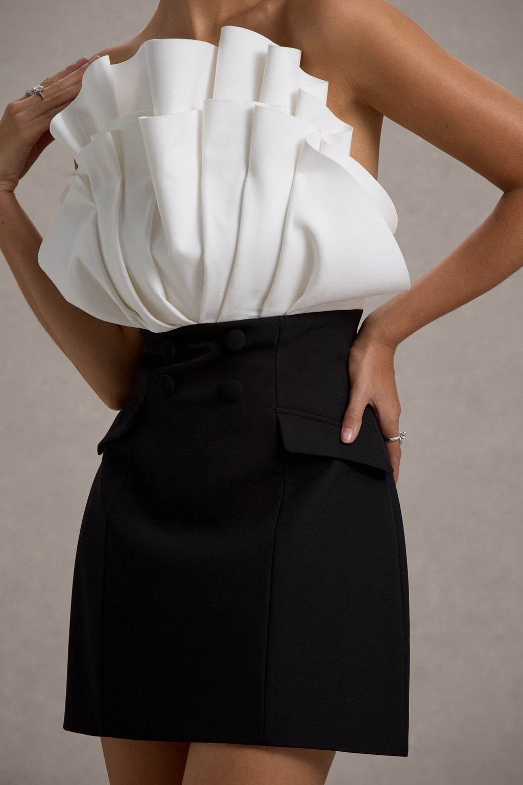 Clare | Black & White Ruffled Strapless Tailored Mini Dress